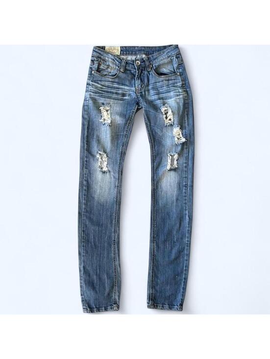 Denim - Vintage Y2K Machine Distressed Skinny Jeans Low Rise Indie Sleaze Size 25 💙